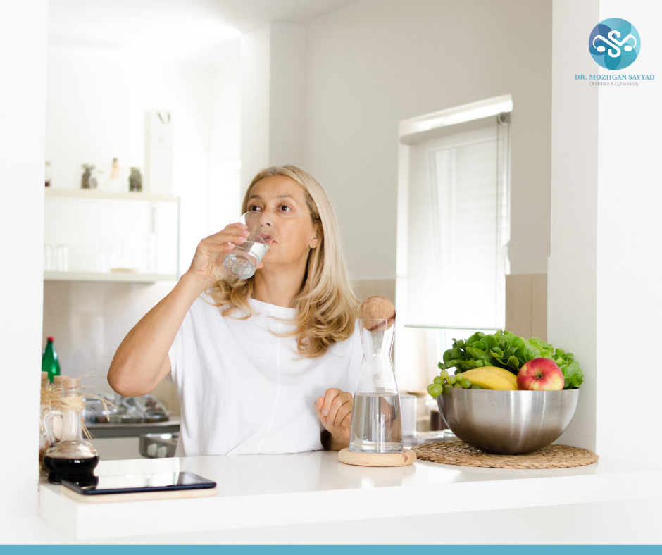 Older Woman Drinking Water - Diet and Exercise for Menopause | Menopause | Diet During Menopause | Foods to Avoid During Menopause | Natural Ways to Manage Menopause | Hot Flashes Treatment | Osteoporosis Treatment } Vaginal Dryness Treatment 
